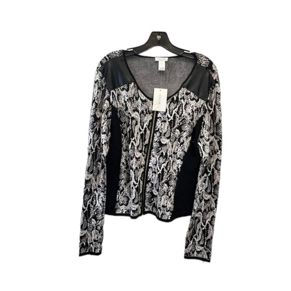 Cache Sweaters - Cache Snakeskin Print Zip Front Cardigan Faux Leather Trim Black Tan Size L